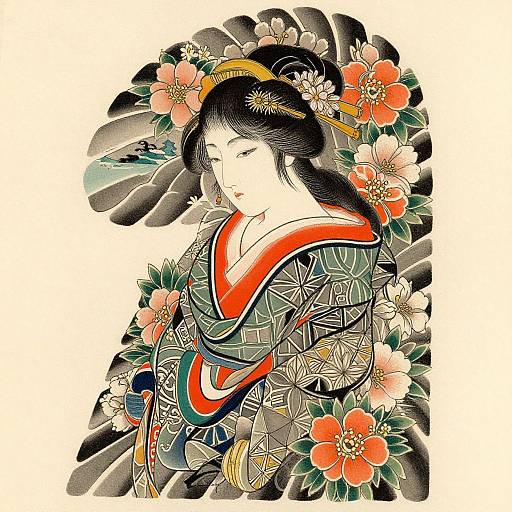 Traditional Japanese woodblock-style illustration of a serene woman in an ornate kimono, adorned with vibrant flowers and intricate patterns.