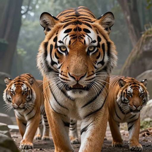 Photorealistic image of a fierce adult tiger with intense yellow eyes, flanked by two cubs, walking through a misty forest.