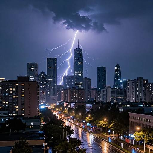Photograph of a cityscape at night with a dramatic lightning strike illuminating skyscrapers, streetlights reflecting on wet roads, and dark, storm