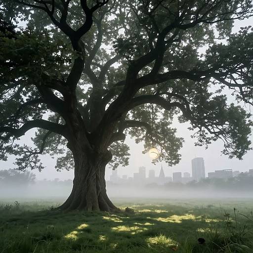 Photograph of a massive, dark tree with sprawling branches, casting shadows on a misty grassy field, with a city skyline faintly visible in