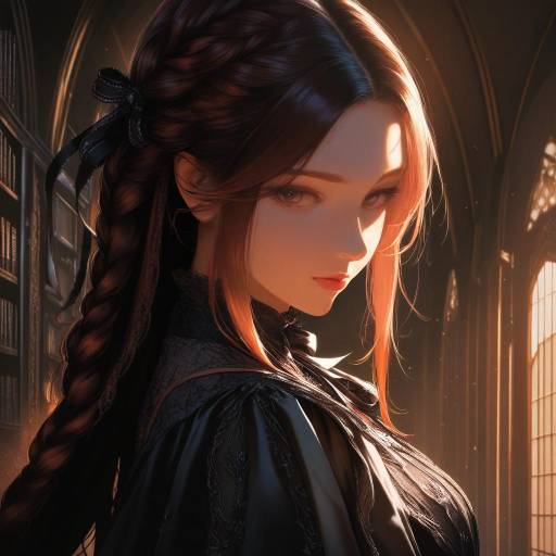 Elegant Gothic Anime Portrait in Library