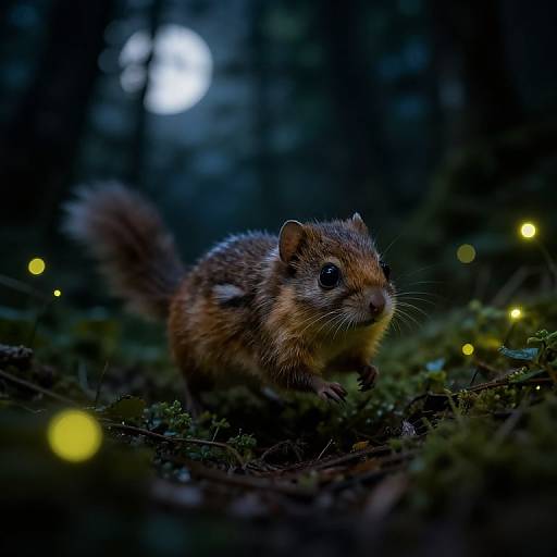 Photograph of a cute, fluffy chipmunk with brown and white fur, standing in a dark forest illuminated by glowing fireflies and a moonlit