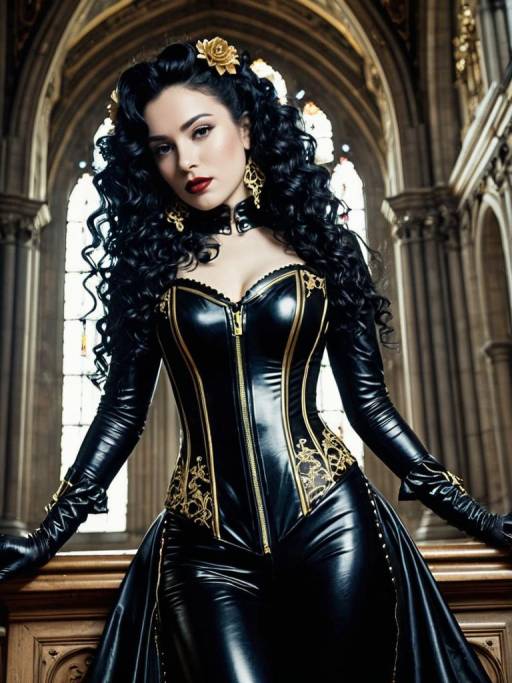 Regal Dark Enchantress in Gothic Cathedral