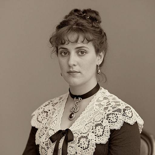 Black-and-white photograph of a serious-faced woman with dark hair in an updo, wearing a lace-trimmed blouse, black choker, and