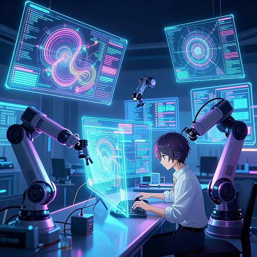 Anime-style digital illustration of a young male scientist in a white shirt, wearing headphones, working with advanced holographic screens and robotic microscopes in a futuristic