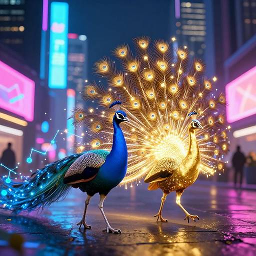 Photograph of two peacocks in a neon-lit city street at night; one peacock has a vibrant blue plumage, the other displays