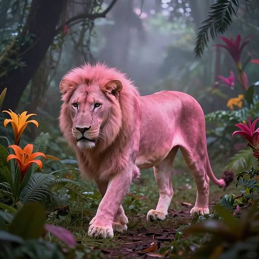 Pink Lioness in Mystical Jungle Dawn