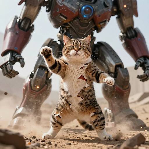 Photorealistic CGI: A determined tabby cat with a red collar stands in front of a large, metallic robot, paw raised, on a dusty