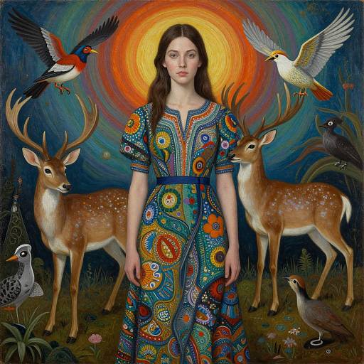 Digital painting of a fair-skinned woman with dark hair, wearing a vibrant, patterned dress, surrounded by deer, birds, and a glowing orange