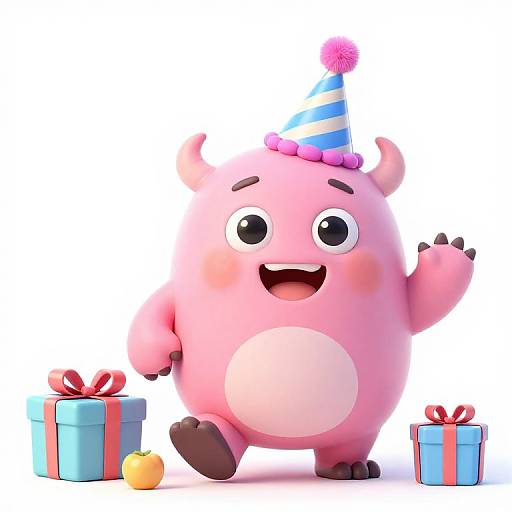 Cute Pink Monster Celebrating Birthday