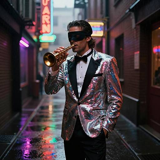 Masked Jazz Singer in Neon Alley