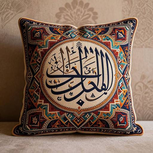 Colorful square pillow with intricate geometric patterns and Arabic calligraphy in bold black on a cream background, placed against a beige, floral-patterned wall.