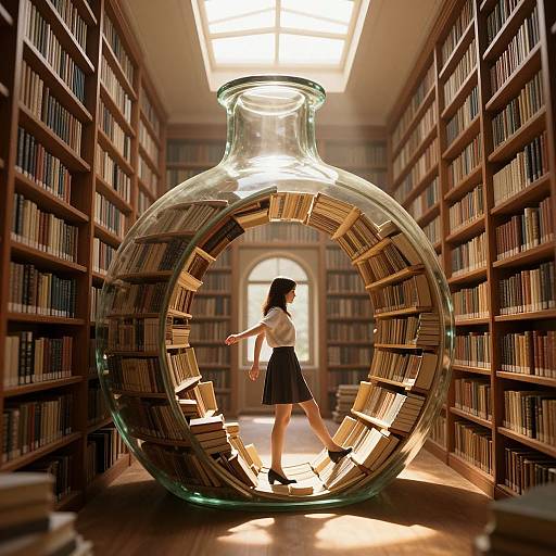 Digitally illustrated scene of a young woman in a white blouse and black skirt walking through a library, framed by a giant glass bottle filled with books.