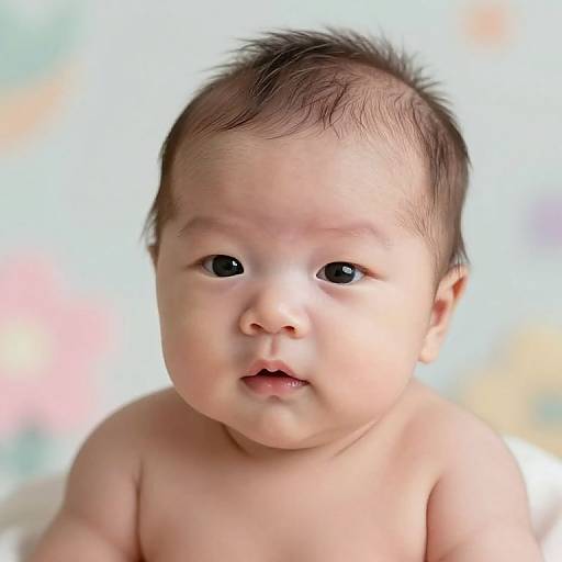 Photograph of a cute, chubby Asian baby with dark brown hair, large black eyes, and fair skin, sitting topless against a soft, colorful