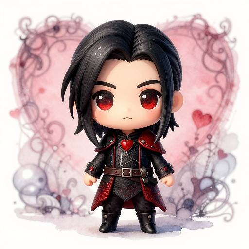 Chibi-style anime character with black hair, red eyes, and a gothic outfit featuring a heart-shaped red pendant, standing against a pink, heart