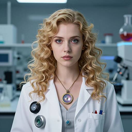 Photorealistic digital art of a blonde woman with curly hair, wearing a white lab coat, stethoscope, and necklace, in a modern laboratory