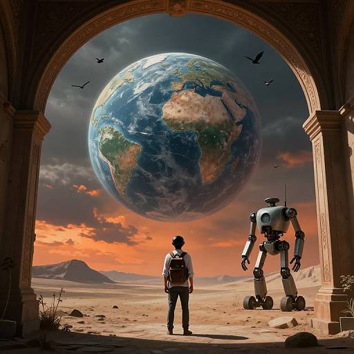 Photorealistic CGI: Silhouetted human and robot stand under arch, gazing at massive Earth with birds, orange sky, and desert landscape