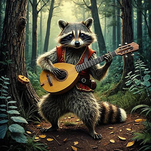 Mischievous Raccoon Playing Lute in Enchanted Forest