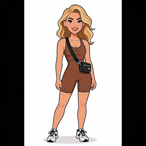 Digital drawing of a blonde woman with wavy hair, wearing a brown tankini and shorts, black crossbody bag, and white sneakers.