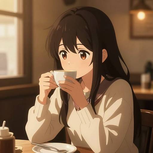 Anime-style digital drawing of a shy, long-haired girl with brown eyes, sipping tea in a cozy, sunlit café. She wears a white