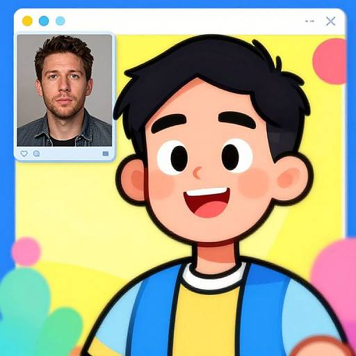 Digital cartoon of a smiling boy with black hair, blue and yellow shirt, overlaying a photo of a bearded man on a yellow background.