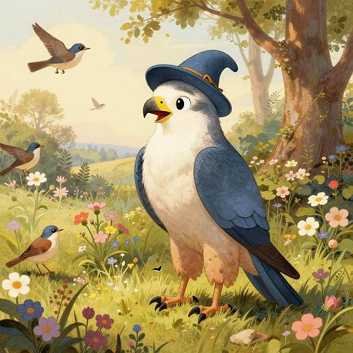 Whimsical digital painting of a blue and white bird wearing a wizard hat, standing in a sunlit, flower-filled forest with two smaller birds flying