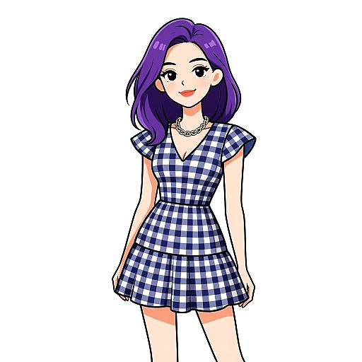 Smiling Woman in Navy Gingham Dress