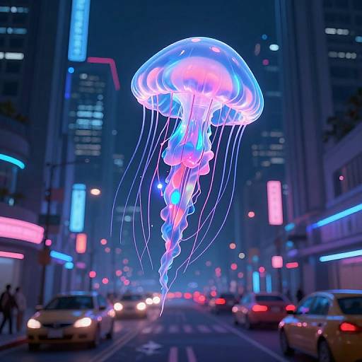 Photorealistic CGI: Glowing blue and pink jellyfish floats in a neon-lit urban street, surrounded by cars and skyscrapers at night