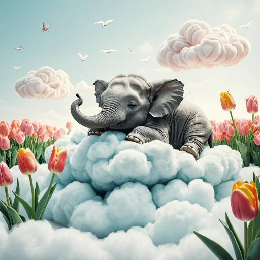 Baby Elephant Sleeping on Cloud with Tulips Baby Elephant Sleeping on Cloud with Tulips