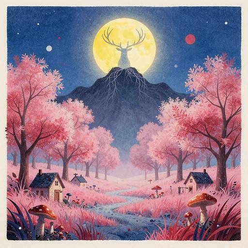 Surreal Phantom Orchard with Spectral Stag and Moon