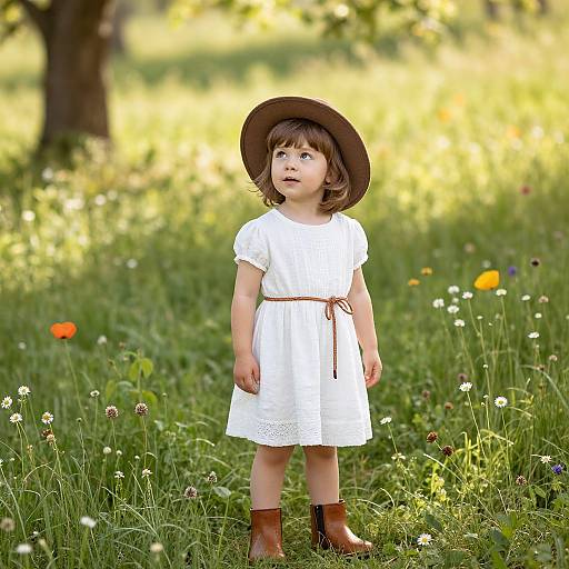 Photograph of a young girl in a white dress, brown hat, and boots, standing in a sunlit, colorful meadow.