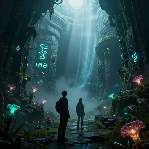 Digital sci-fi artwork: Two silhouetted figures stand in a misty, bioluminescent alien city with towering structures, glowing neon symbols