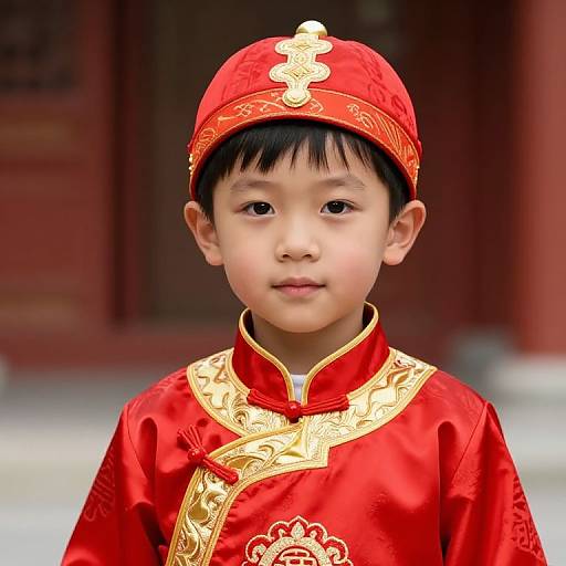 Young Boy in Traditional Red Gold Outfit