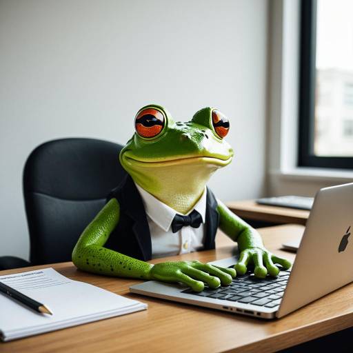 Confident Frog Working at Laptop