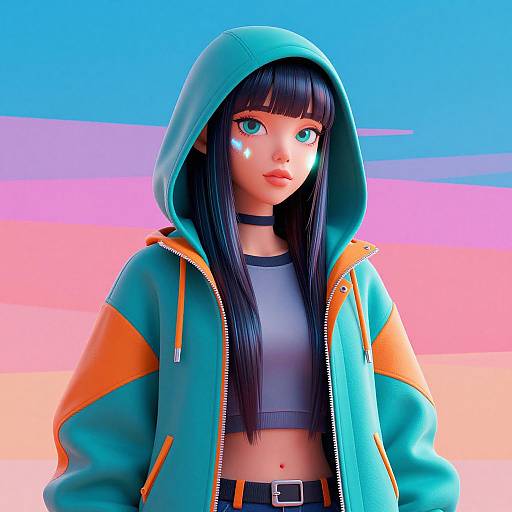 Digital anime-style portrait of a young woman with long black hair, blue hoodie, orange stripes, white face paint, and pink background.