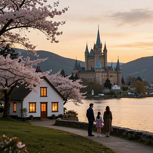 Sunset Lakeside Cottage with Castle View