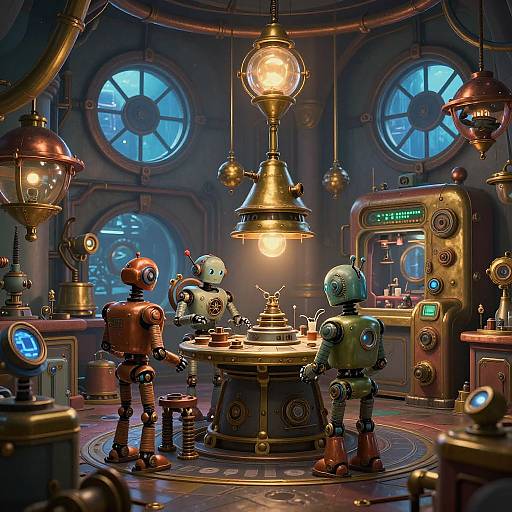 Steampunk-style laboratory scene with three metallic robots gathered around a central table, illuminated by vintage brass lamps, under blue circular windows.