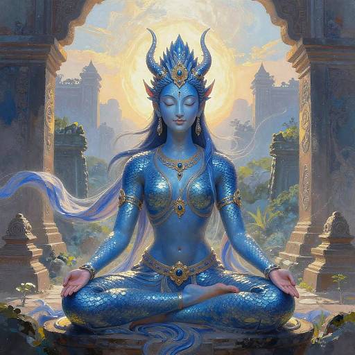 Meditative Blue Dragonkin Yogini at Sunrise