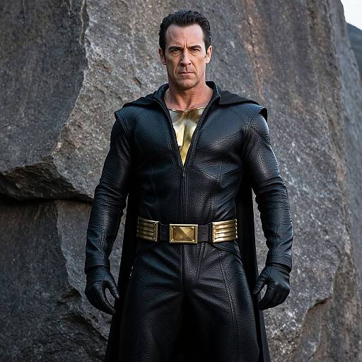 Photograph of a muscular man with short dark hair, wearing a black, textured superhero suit with gold belt, standing against a large, rocky background,
