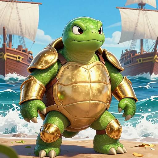 Digital illustration of a green, armored turtle with shiny gold armor standing on a sandy beach, waves crashing behind, with two pirate ships in the background.