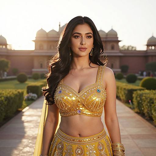 Photograph of a beautiful Indian woman with long black hair, wearing a glittering gold traditional outfit, standing in a sunlit palace garden.