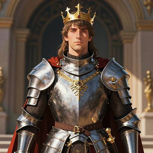 Photorealistic digital image of a young, handsome king with long brown hair, wearing a golden crown, shiny silver armor, and a red cape,