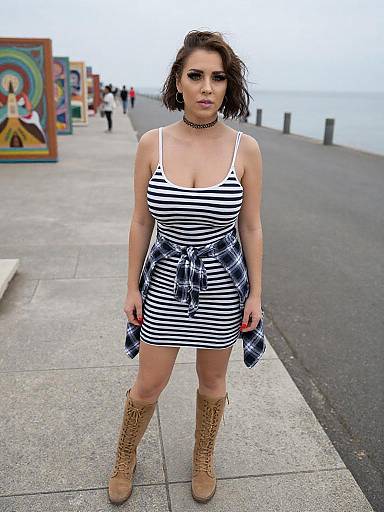 Photograph of a woman with short brown hair, wearing a striped dress, plaid shirt tied around waist, choker, and tan lace-up boots