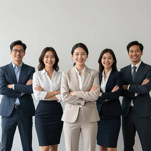 Photograph of five Asian professionals standing in a row, smiling, with arms crossed, wearing formal suits and blouses, against a white background.