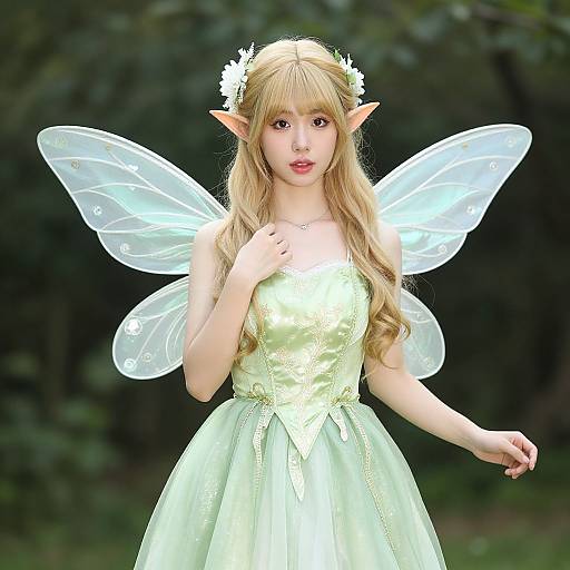 Photograph of a young woman with long blonde hair, elf ears, white fairy wings, green dress, and flower crown, standing in a forest.