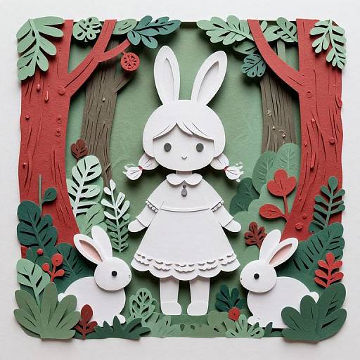 Paper Cut Bunny Girl in Forest