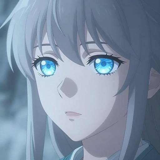 Digital anime-style close-up of a pale-skinned girl with large, glowing blue eyes and long, silver hair, looking solemnly forward.