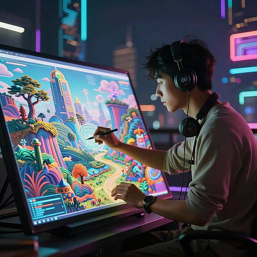 Photograph of a young person with short, dark hair, wearing headphones and a beige shirt, intensely playing a vibrant, neon-lit video game on