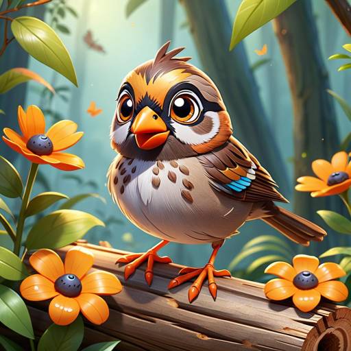 Charming 3D Cartoon Sparrow in Jungle