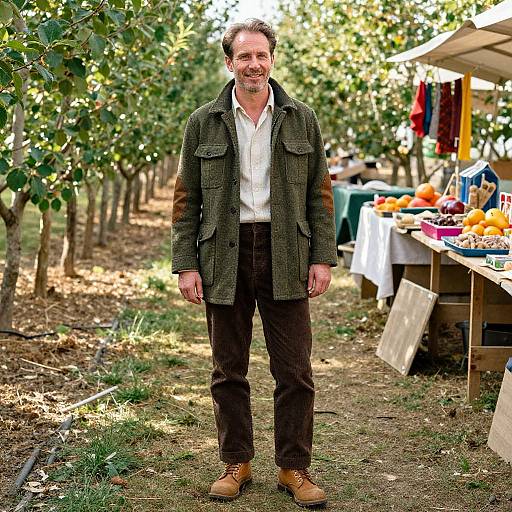 Photograph of a middle-aged man with short brown hair and beard, wearing a green jacket, white shirt, and brown pants, smiling at an outdoor